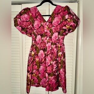 NWT Entro Pink Floral Cupcake Style Short Dress With Puffy Sleeve & Pockets